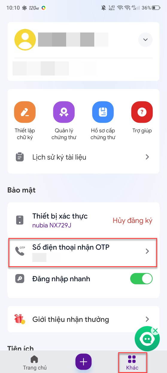 Thay đổi số điện thoại nhận OTP trên MISA eSign