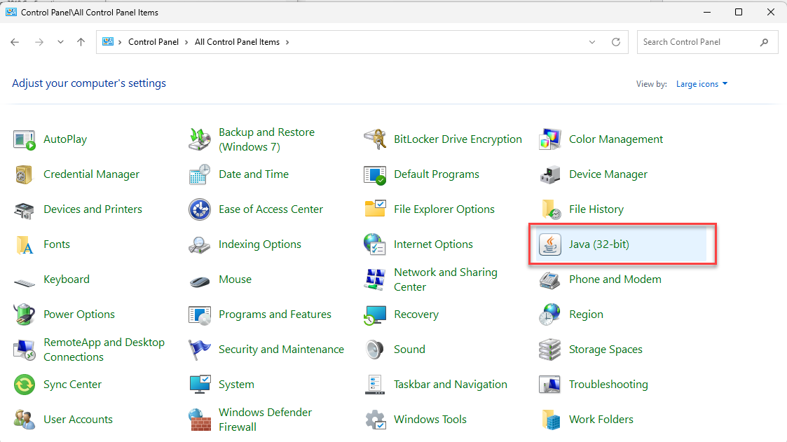 Mở Java từ Control Panel