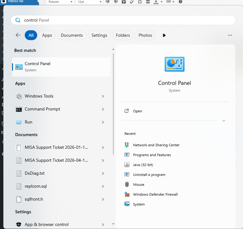 Tìm kiếm Control Panel